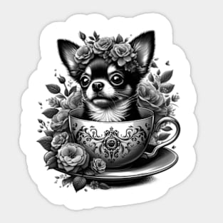 chihuahua peeking dog out from a teacup, surrounded by delicate flowers Sticker